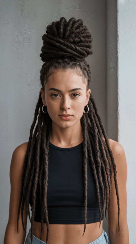 33 Latest Long Dreadlock Styles Full of Elegance and Style 2 High Bun with Cascading Locs