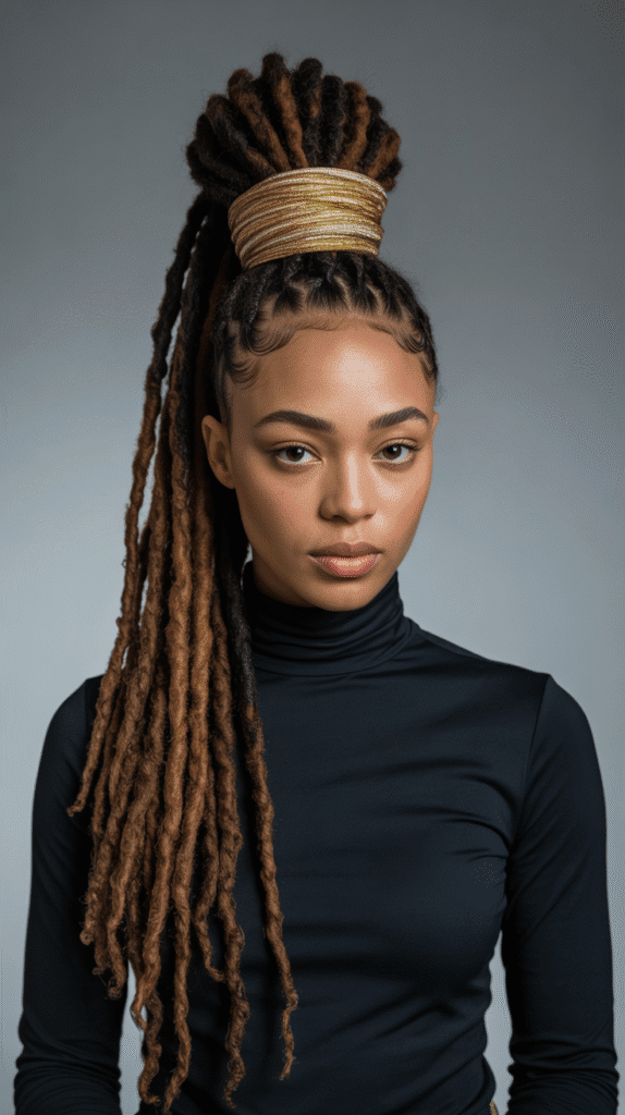 33 Latest Long Dreadlock Styles Full of Elegance and Style 27 Wrapped High Ponytail