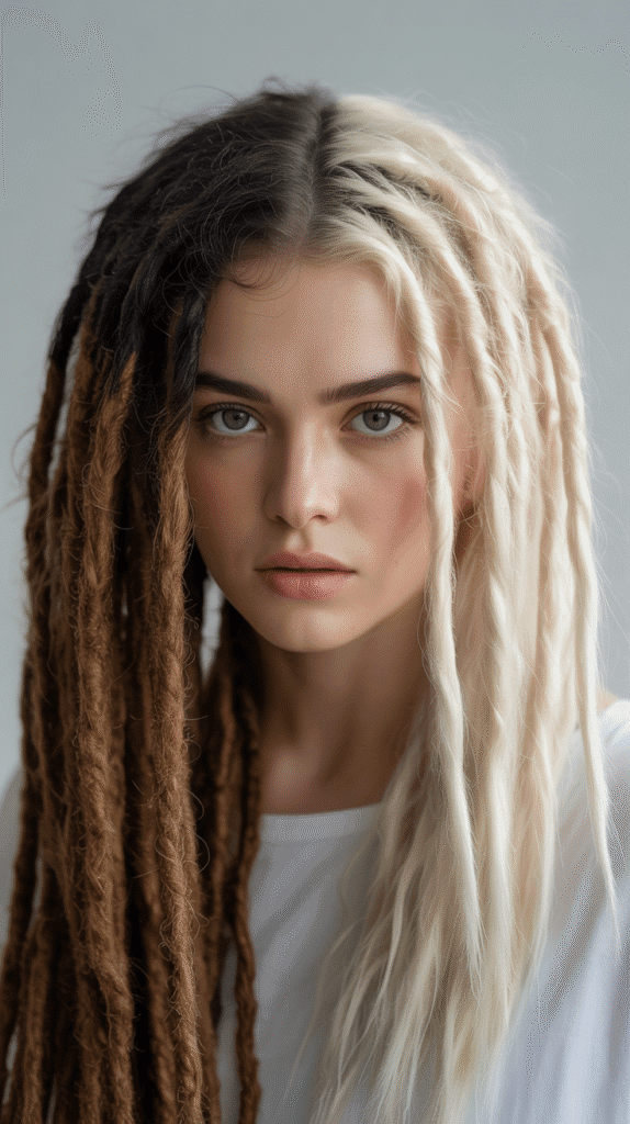 27 Latest Dreadlock Style Designs That Are Creative and Unique 7 Two-Tone Split Color Locs