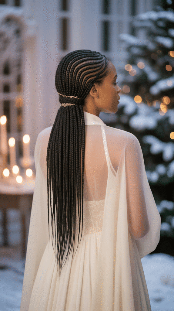 25 Breathtaking Winter Wedding Hairstyles for Black Brides 13 Cornrows Leading to Low Ponytail