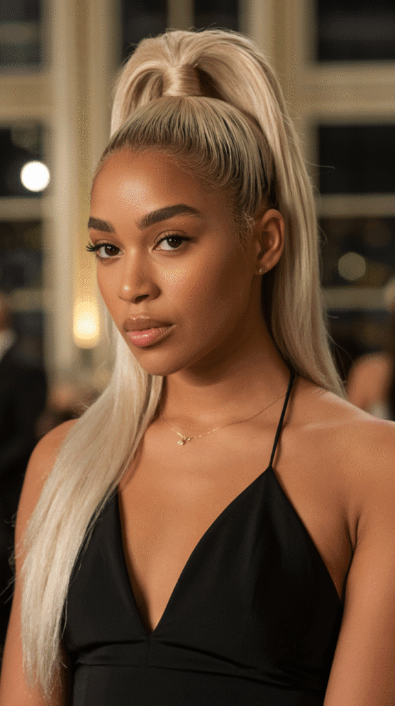 27 Elegant Blonde Prom Hairstyles for Black Women to Shine on Your Big Night 3 Ash Blonde High Ponytail with Sleek Edges