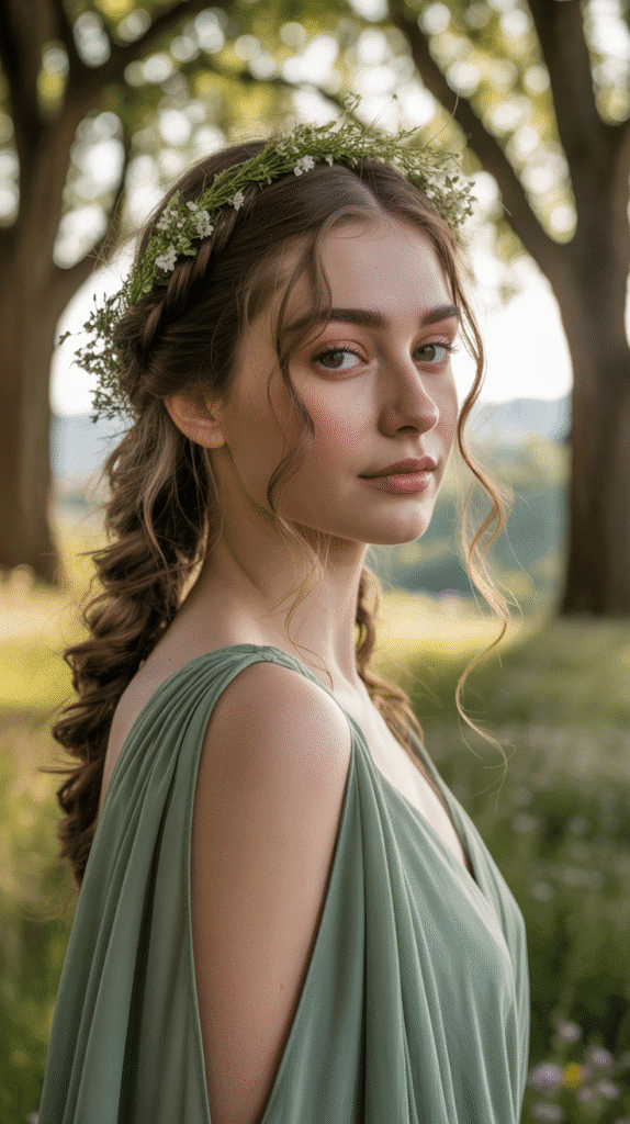 27 Beautiful Medieval Braided Hairstyles for Princesses 6 Half-Up Crown Braid with Curls
