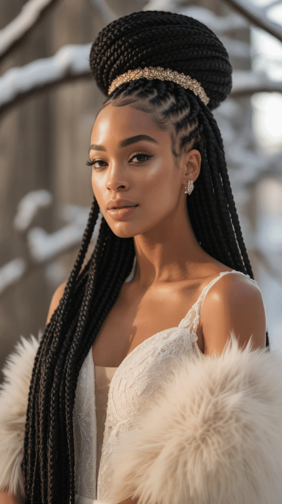 25 Breathtaking Winter Wedding Hairstyles for Black Brides 6 Jumbo Box Braids Updo