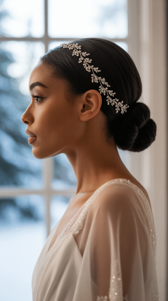 25 Breathtaking Winter Wedding Hairstyles for Black Brides 1 Elegant Low Bun with Crystal Hair Vine