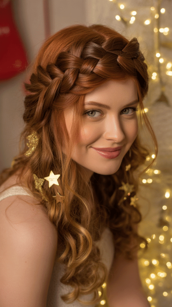 27 Easy Christmas Party Hairstyles for Long Hair Perfect for the Holidays 5 Braided Crown with Loose Curls