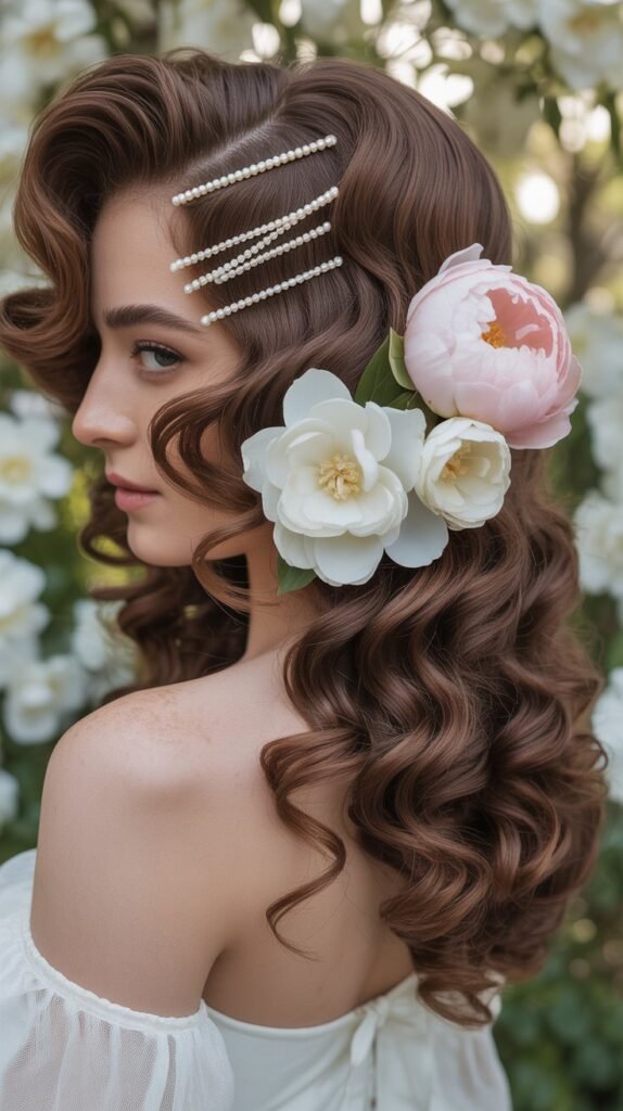 Side-Pinned Vintage Waves with Fresh Flowers