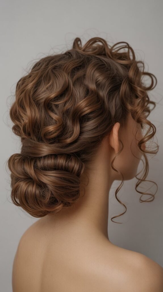 Asymmetrical Low Bun with Escaped Curly Tendrils