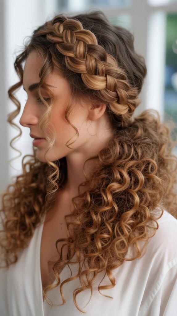 Braided Headband with Voluminous Curly Ponytail