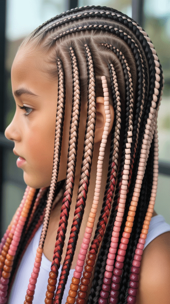 33 Fun Braided Hairstyles for Kids with Beads 18 Feed-In Braids with Gradient Bead Colors