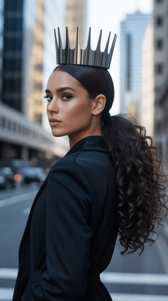 30 Gorgeous Christmas Party Hairstyles with Long Curls That Turn Heads 20 Sleek Top with Curly Ends Ponytail