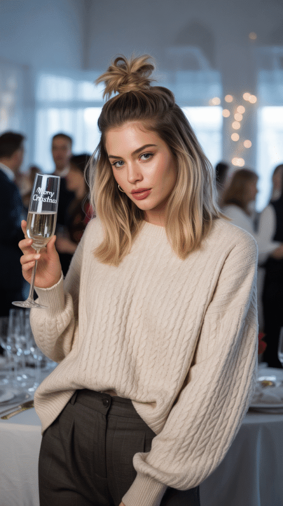 30 Easy Christmas Party Hairstyles for Medium Hair That Save Time 11 Textured Top Knot with Loose Ends