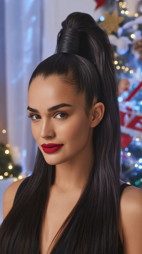 27 Easy Christmas Party Hairstyles for Long Hair Perfect for the Holidays 4 Sleek High Ponytail with Wrap