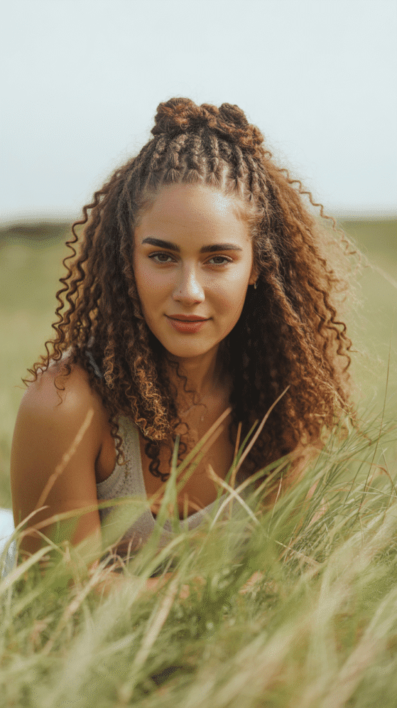 33 Stunning Curly Half-Up Half-Down Hairstyles 21 Curly Half-Up with Multiple Mini Twists