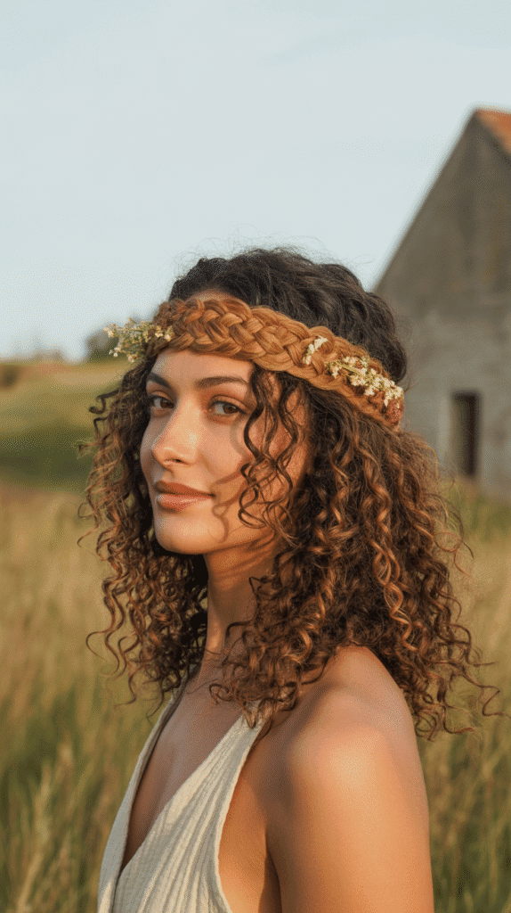 33 Trendy French Hairstyles for Curly Hair That Embrace Natural Beauty 4 Braided Headband with Loose Curls