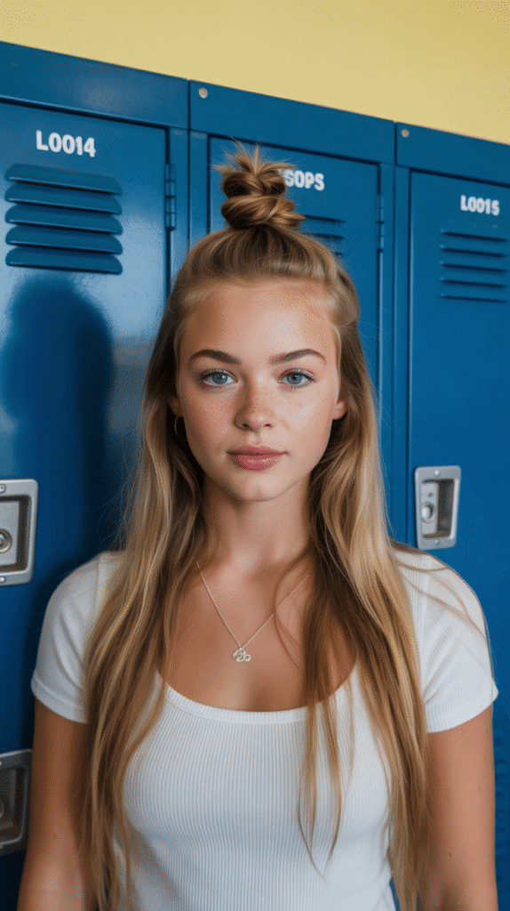 27 Easy Hairstyles for Long Hair for School That Are Cute and Quick 4 Half-Up Top Knot