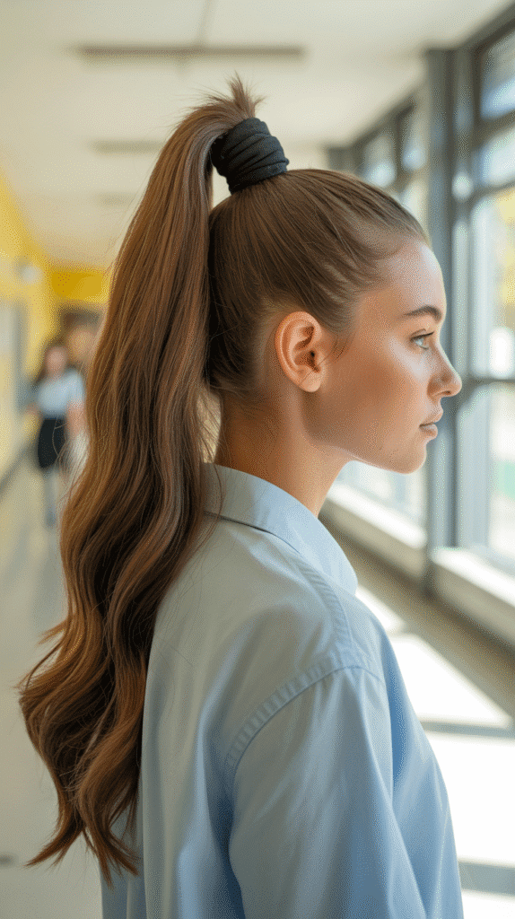 27 Easy Hairstyles for Long Hair for School That Are Cute and Quick 1 Classic High Ponytail with a Twist