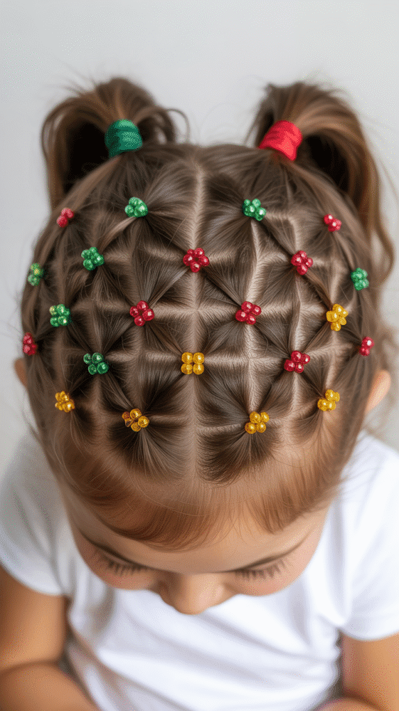 28 Fun Christmas Hairstyles for Kids with Beads Full of Holiday Spirit 27 Criss-Cross Style with Beaded Elastics