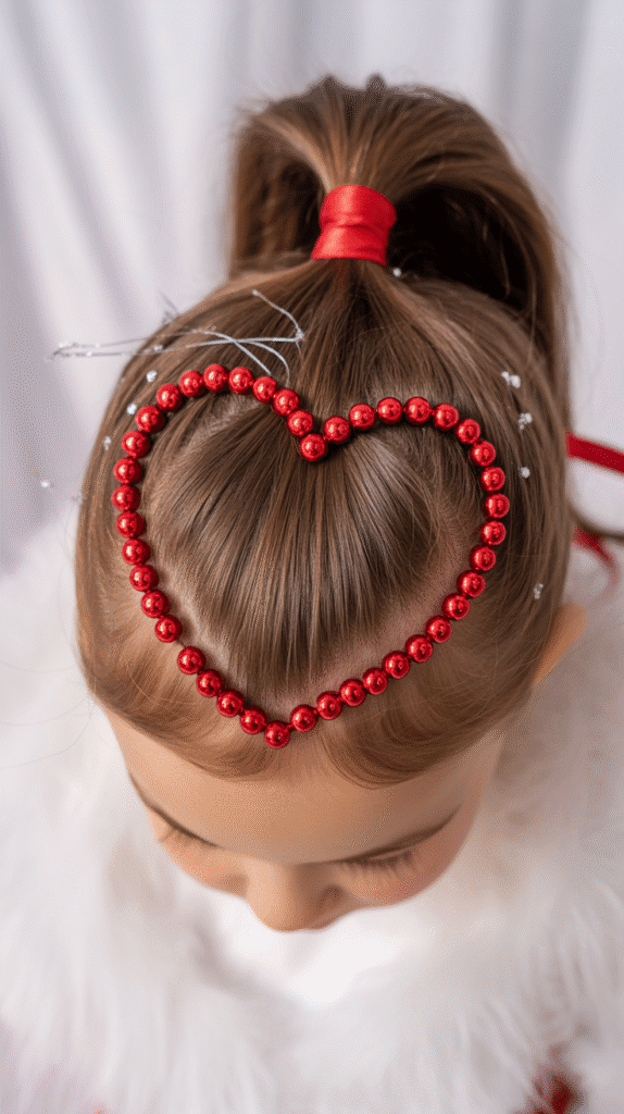 28 Fun Christmas Hairstyles for Kids with Beads Full of Holiday Spirit 21 Heart-Shaped Braid with Red Bead Accents