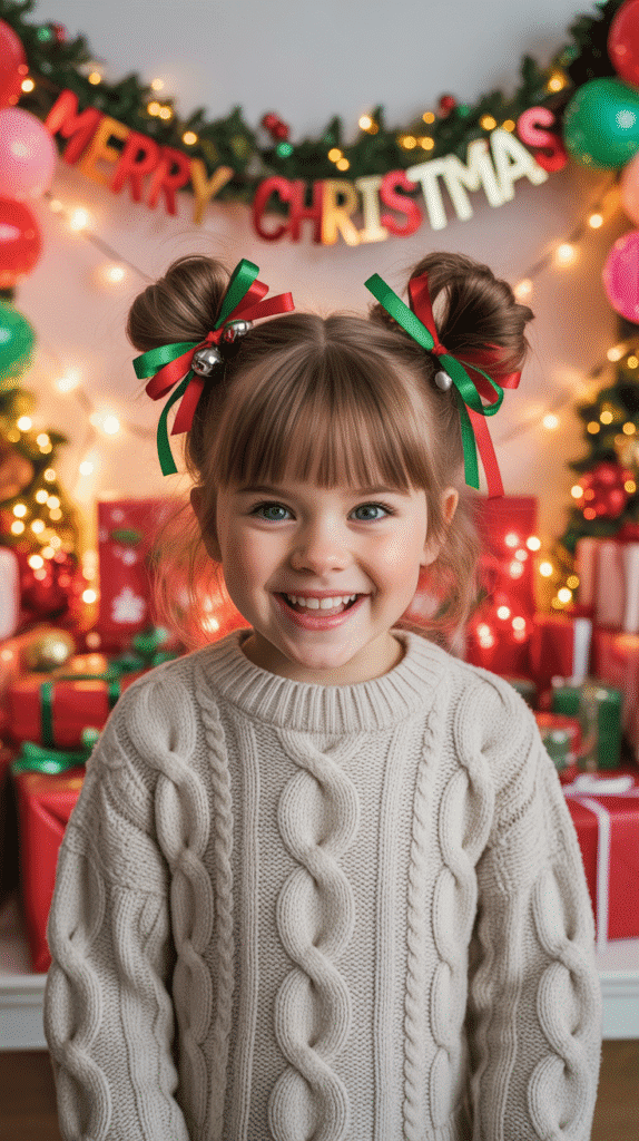 30 Cute Christmas Party Hairstyles for Kids That Are Adorable 13 Space Buns with Christmas Colors