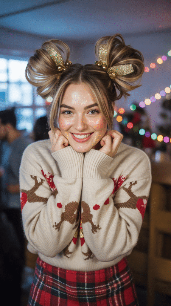 33 Simple Christmas Party Hairstyles for Medium Hair That Look Stunning 22 Space Buns with Festive Glitter