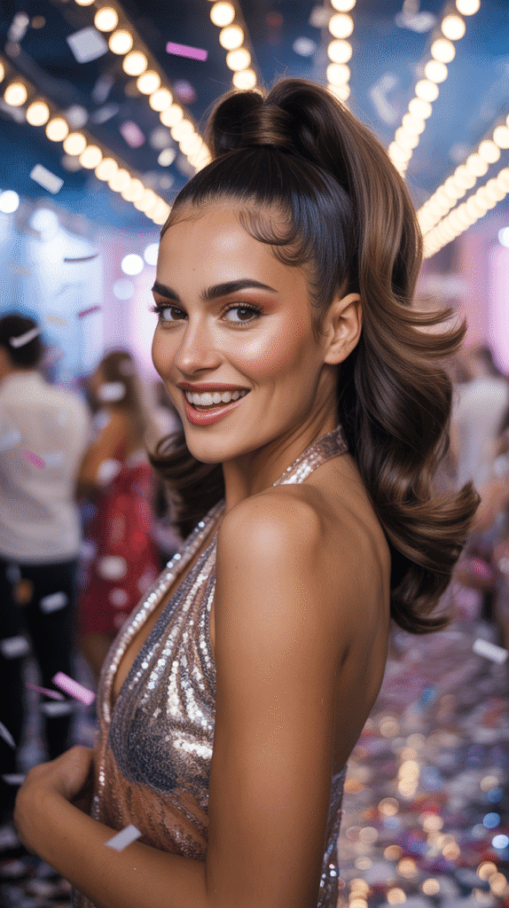 27 Chic Christmas Party Hairstyles for Medium Hair That Dazzle 22 High Ponytail with Voluminous Crown