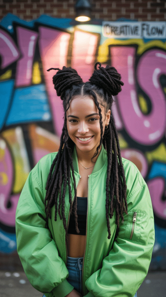 33 Latest Dreadlock Styles for Long Hair That Turn Heads 11 Double Bun Space Style