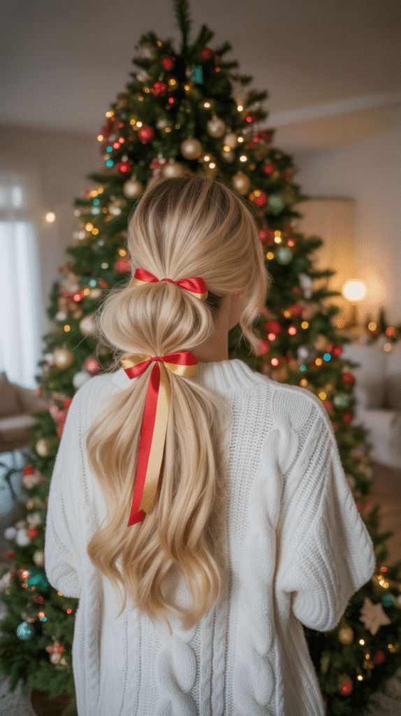30 Elegant Christmas Party Hairstyles for Long Hair You'll Love 9 Bubble Ponytail with Festive Ribbons