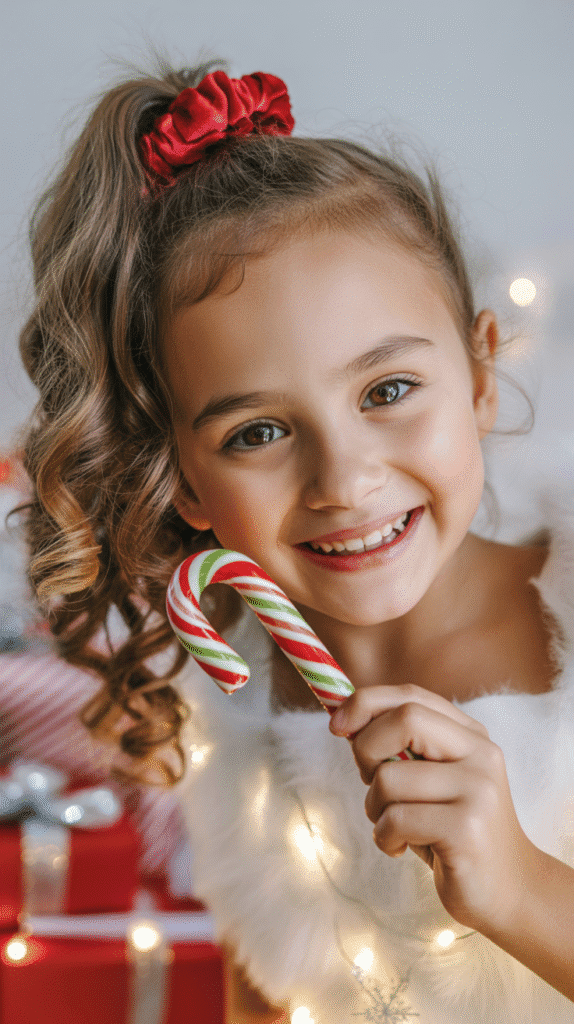 30 Cute Christmas Party Hairstyles for Kids That Are Adorable 30 Curly Side Ponytail with Christmas Scrunchie