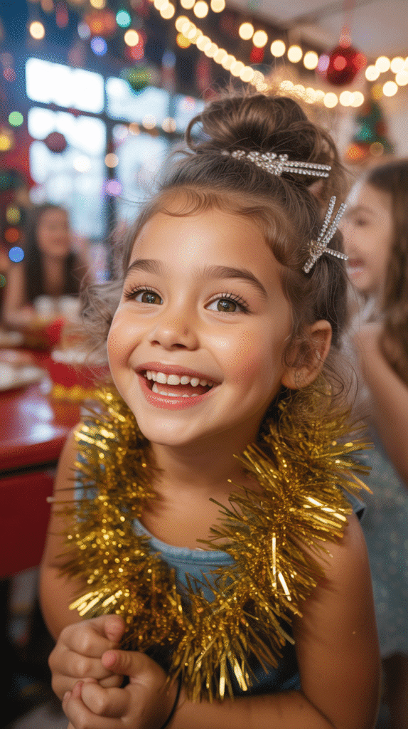 30 Cute Christmas Hairstyles for Girls Perfect for Holiday Parties 6 Messy Bun with Tinsel Accessories