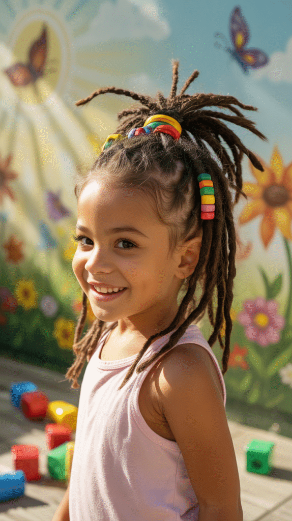 30 Latest Dreadlock Styles for Kids That Are Adorable 2 High Ponytail Locs with Beads