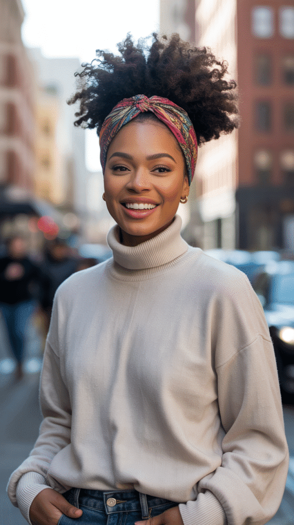 33 Trendy Winter Hairstyles for Black Women in 2025 You'll Fall in Love With 13 High Puff with Scarf Wrap