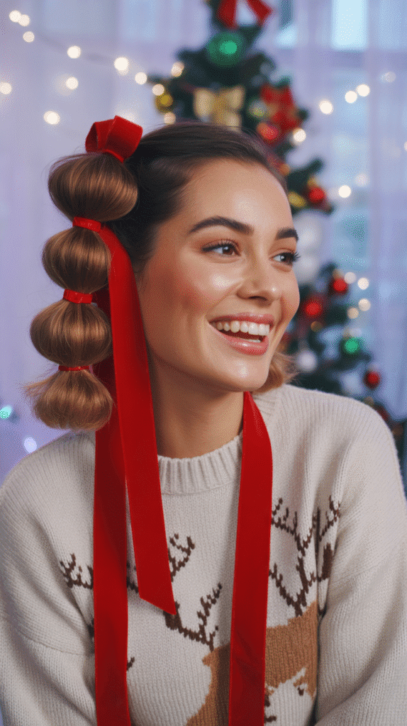 30 Easy Christmas Party Hairstyles for Medium Hair That Save Time 13 Bubble Ponytail with Festive Ribbons