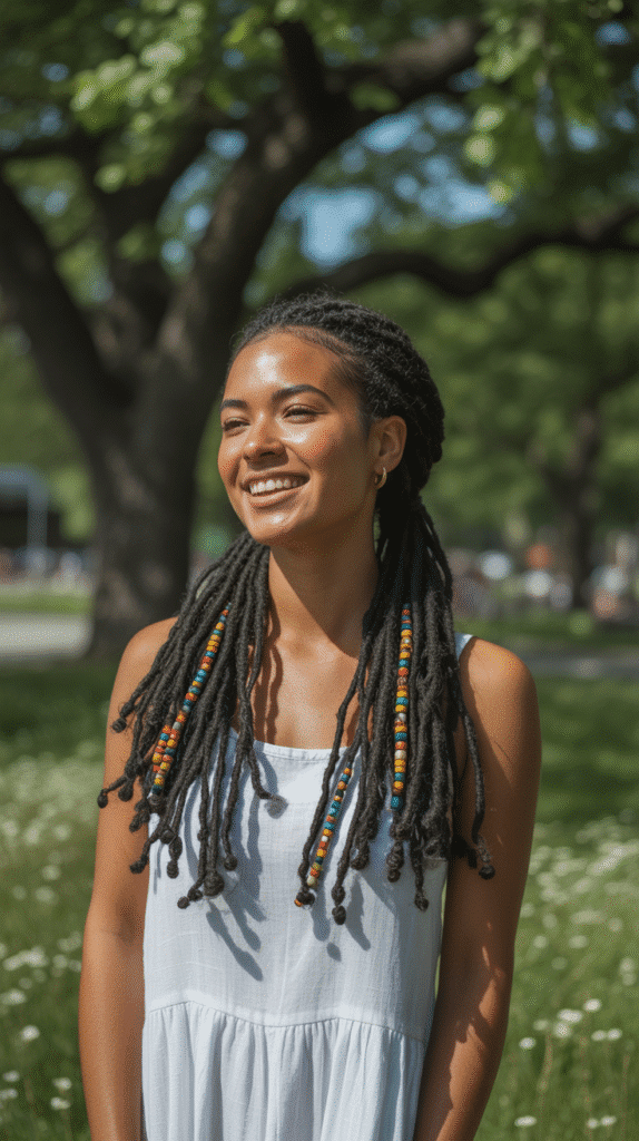 33 Latest Dreadlock Styles for Long Hair That Turn Heads 22 Loc Pigtails with Beads