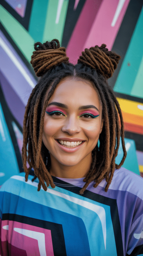30 Beautiful Medium Dreadlock Styles for Black Women That Stand Out 20 Space Buns with Medium Locs