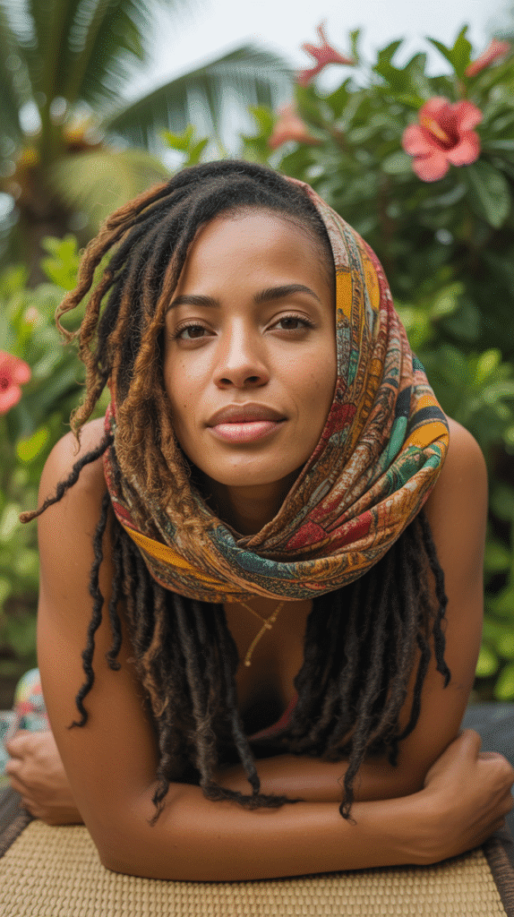 30 Beautiful Medium Dreadlock Styles for Black Women That Stand Out 25 Medium Locs with Scarf Wrap
