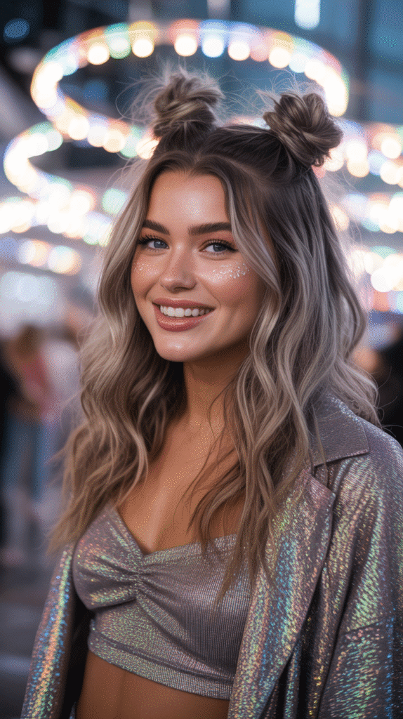 27 Chic Christmas Party Hairstyles for Medium Hair That Dazzle 13 Textured Half-Up Space Buns