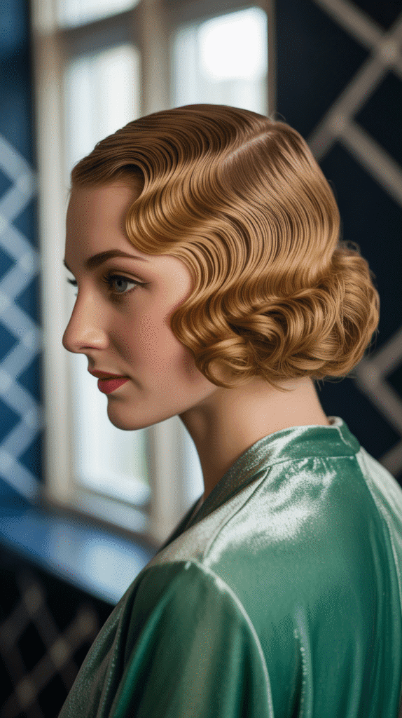 33 Elegant 1930s Updo Hairstyles for Long Hair You Must Try 27 Diagonal Wave Updo