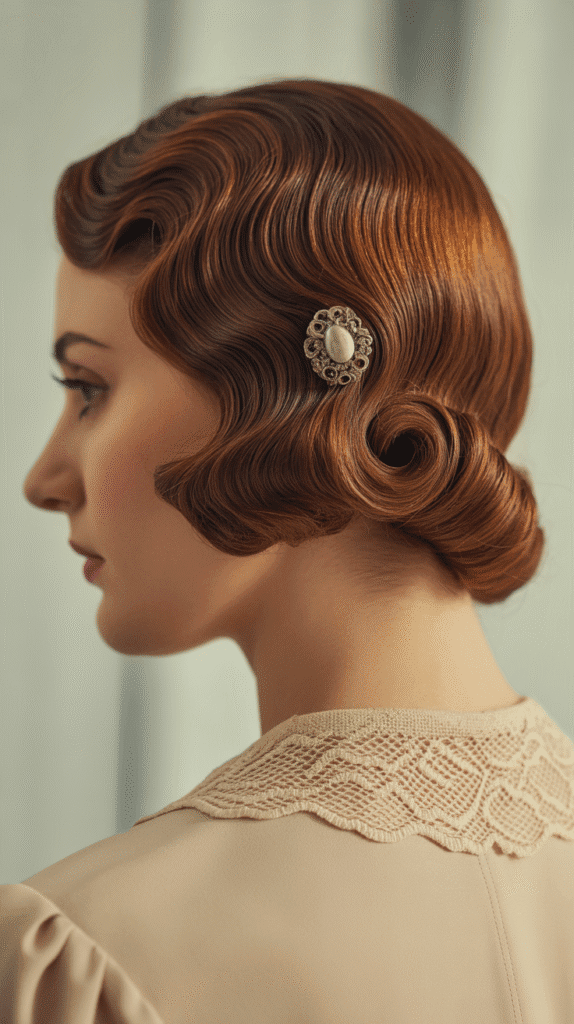 33 Elegant 1930s Updo Hairstyles for Long Hair You Must Try 11 Rolled Chignon with Side Waves