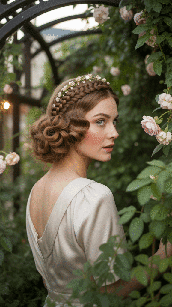33 Elegant 1930s Updo Hairstyles for Long Hair You Must Try 21 Braided Crown with Loose Curls