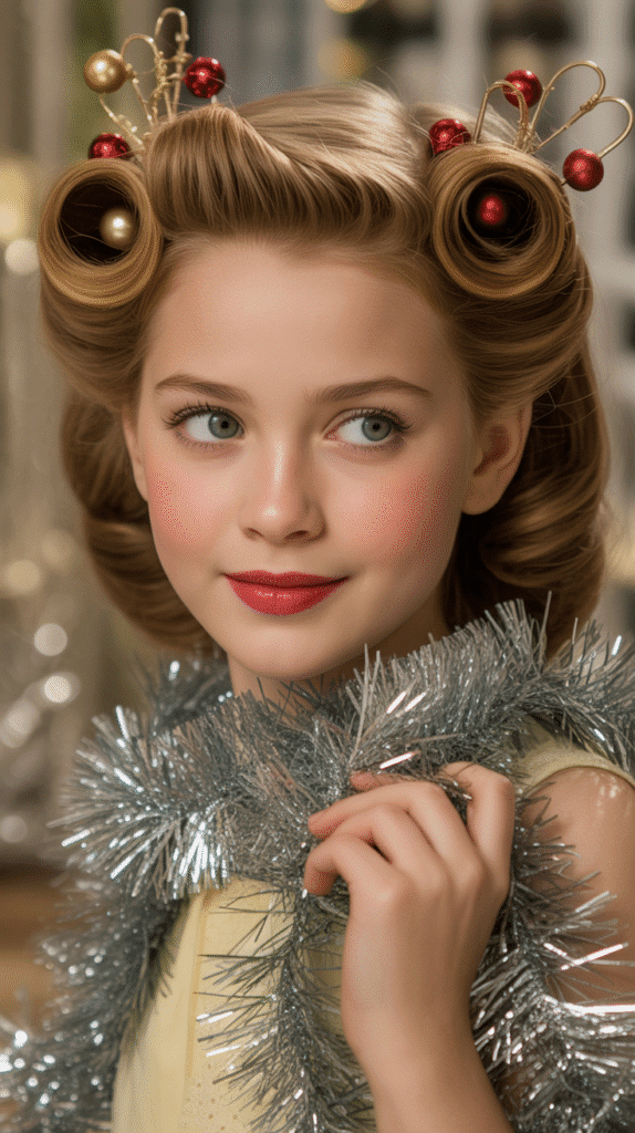 25 Cute Christmas Elf Hairstyles to Rock This Holiday Season 10  Vintage Victory Rolls with Ornaments