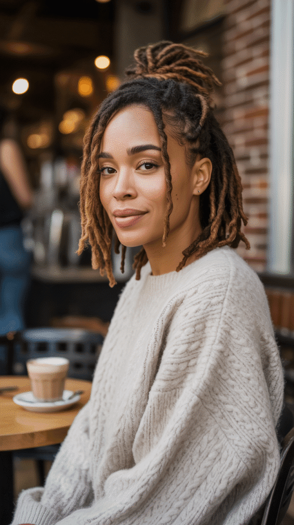 30 Beautiful Medium Dreadlock Styles for Black Women That Stand Out 11 Messy Bun with Medium Locs
