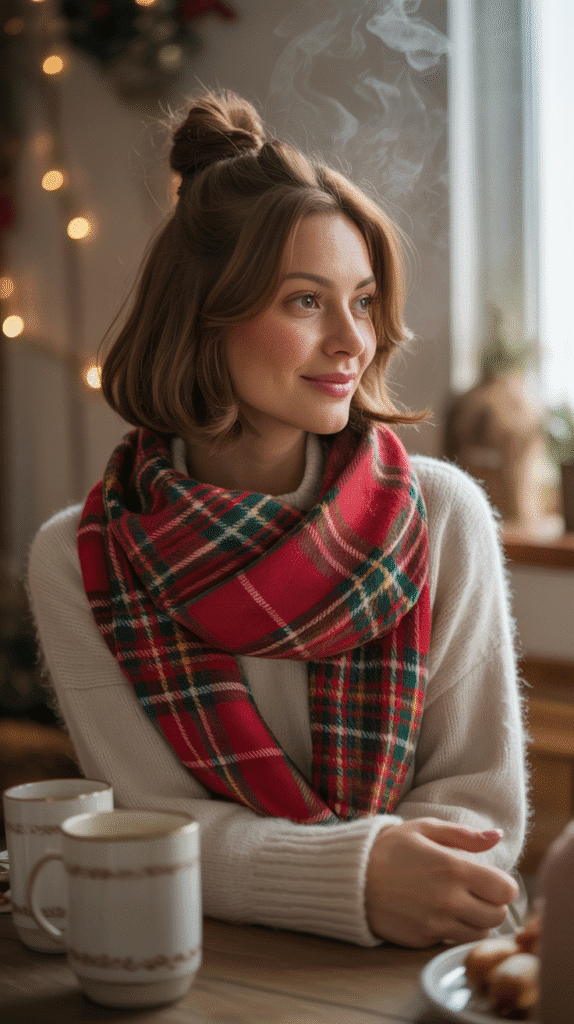 33 Simple Christmas Party Hairstyles for Medium Hair That Look Stunning 12 Top Knot with Wrapped Scarf