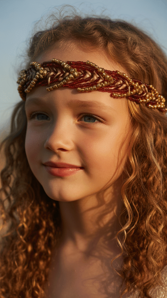 28 Fun Christmas Hairstyles for Kids with Beads Full of Holiday Spirit 18  Beaded Headband Braid with Loose Curls