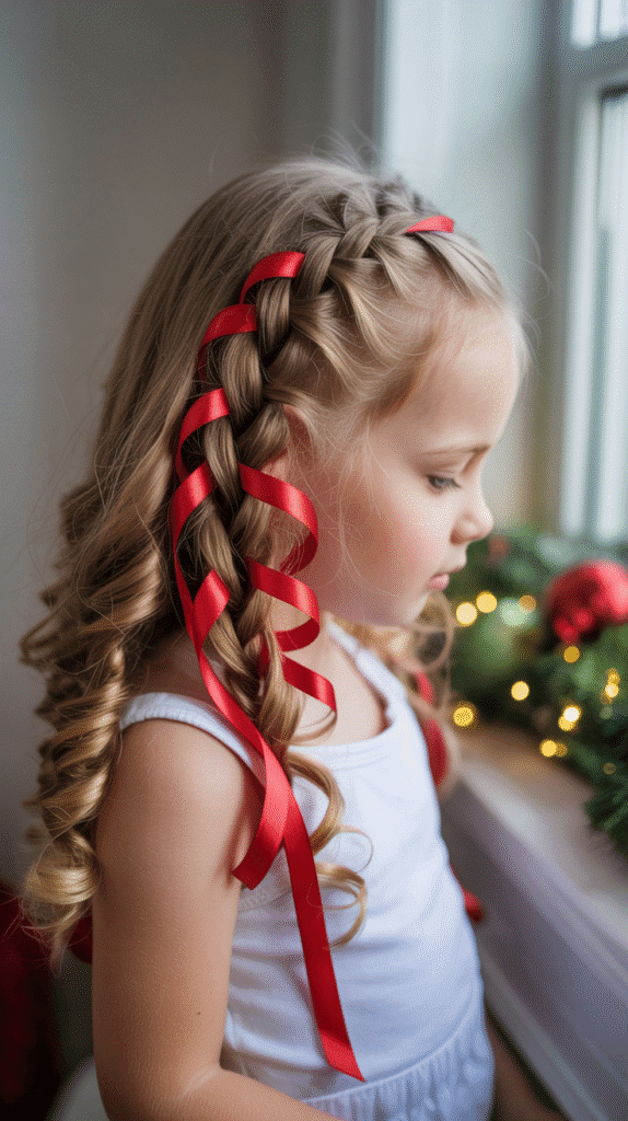 25 Adorable Christmas Hairstyles for Kids That Spark Holiday Joy 6 Ribbon Waterfall Braid