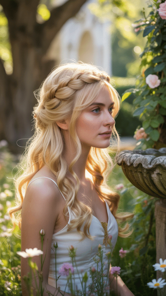 33 Gorgeous Medieval Hairstyles for Blonde Princesses 7 Waterfall Braid with Loose Curls