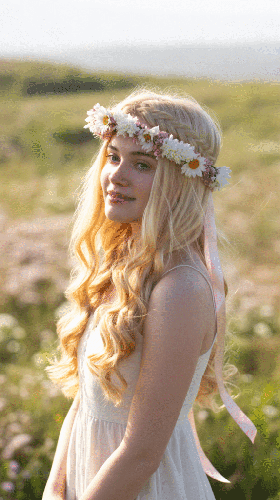 33 Gorgeous Medieval Hairstyles for Blonde Princesses 19 The Flower Crown with Braided Base