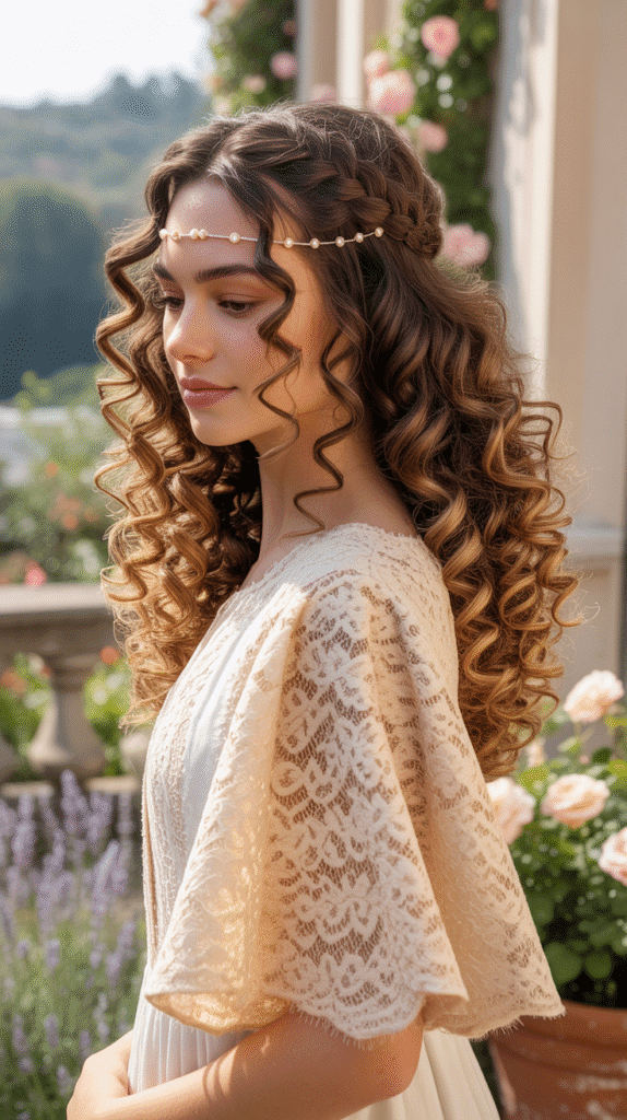 30 Romantic Medieval Hairstyles for Princesses with Curls 13 The Fishtail Braided Headband with Flowing Curls