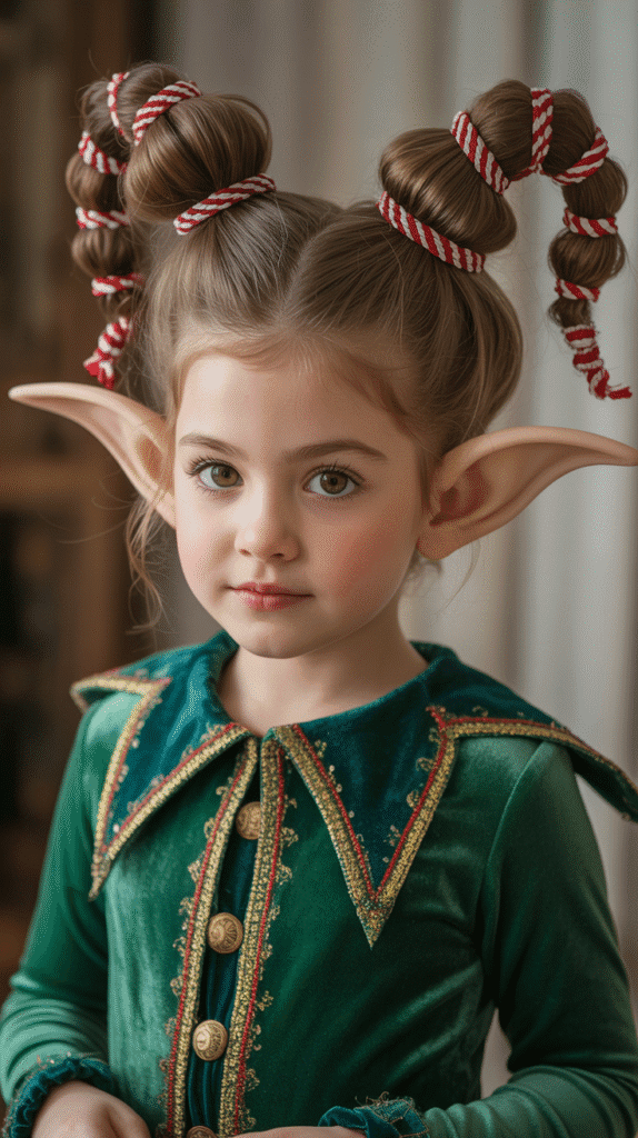 25 Cute Christmas Elf Hairstyles to Rock This Holiday Season 7 Pointed Updo with Ribbon Weave