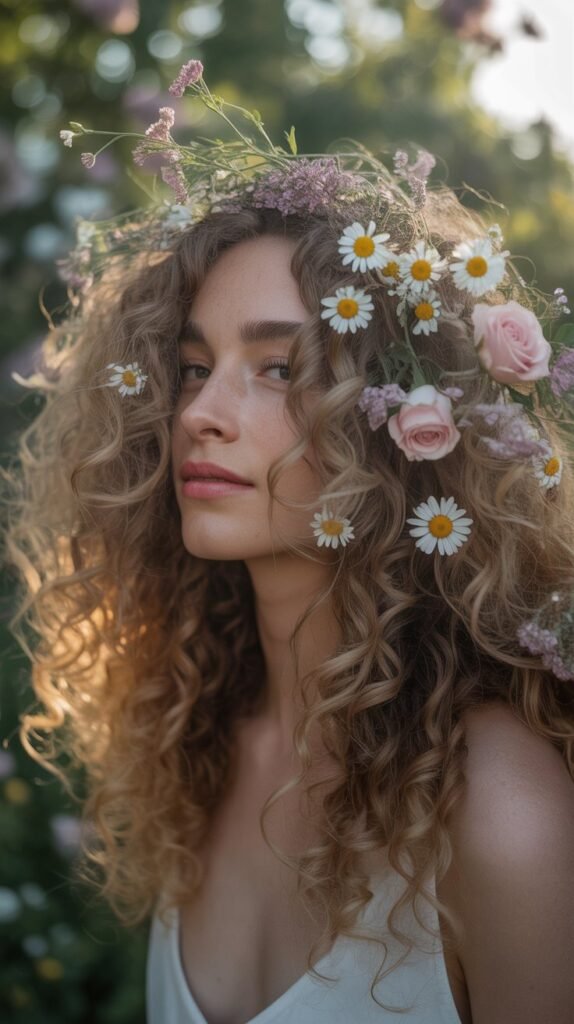  Flower Crown Integration with Free-Flowing Curls