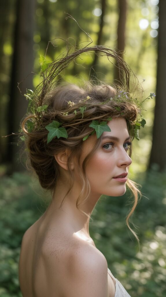 Enchanted Forest Updo with Leaves and Branches
